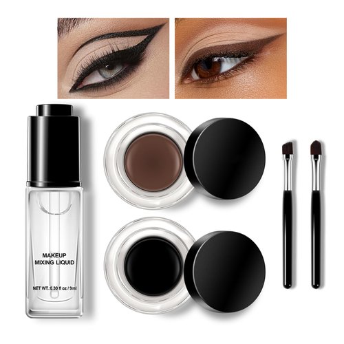 KYDA Makeup Mixing Liquid Kit, Black Brown Waterproof Gel Eyeliner, Eyeshadow Sealant for Prolong Pigment Durability, Eyeliner Gel with Makeup Mixer Liquid, Cream Turns Liquid Eyeliner, 0.3 fl oz