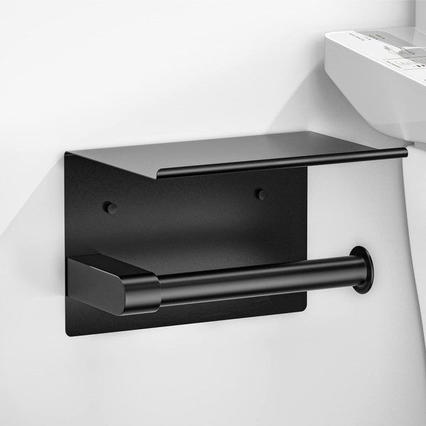 ASTOFLI Rustproof Matte Black Wall Mount Toilet Paper Holder with Shelf - Self Adhesive for Bathroom