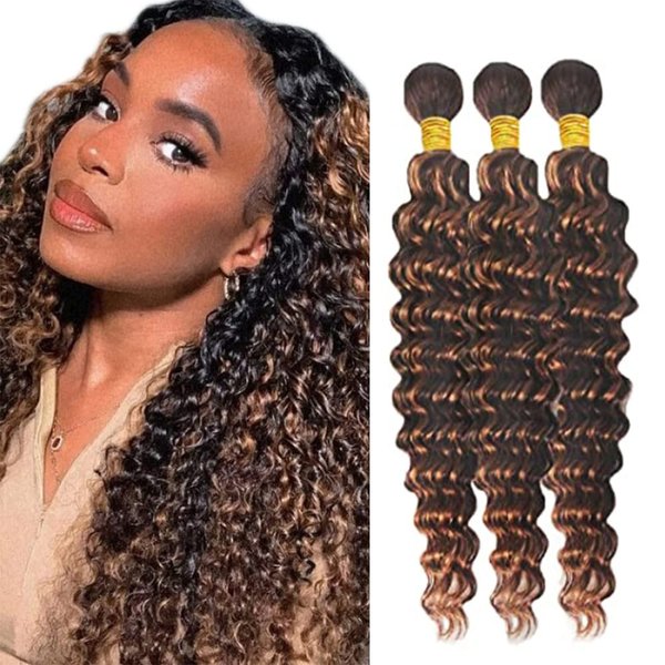 P4/30 Highlight Bundles Human Hair Deep Wave Bundles Dark Brown 3 Bundles Real Unprocessed Brazilian Virgin Hair Extensions Double Weft Bundle Piano Color 26 28 30 Inch For Women