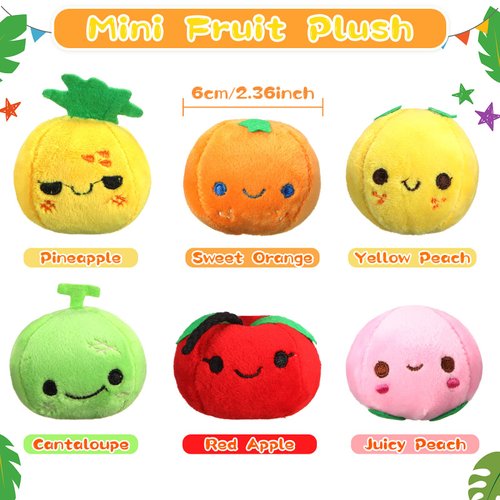 6 Pcs Soft Mini Plush Fruits Colorful Stuffed Fruits Lovely Peach Orange Pineapple and Cantaloupe for Toddlers Backpack Keychain Easter Eggs Fillers Basket Stuffers Birthday Gifts Party Decor