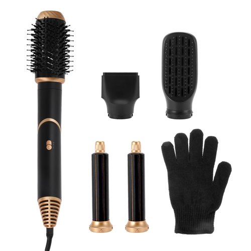 VOCOSTE Hot Air Brush, 5 in 1 Hair Dryer Brush, Detachable Hair Dryer Styler Volumizer Hair Straightener Comb Blow Dryer Electric Curling Wand Set, Black Gold Tone