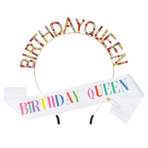 CURASA Birthday Headband for Women Girls Birthday Queen Sash and Crown Rainbow Birthday Headbands Birthday Queen Tiara for Little Girls White Birthday Sash Happy Birthday Decoration for Party Gifts