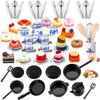 62 Pcs 1 to 12 Miniature Dollhouse Kitchen Accessories Miniature Tea Cup Pots Resin Cake Set Include 16 Mini Plates Knife Fork Spoon 6 Egg Beater Utensil 10 Mini Stovetop Cookware 15 Pretend Cake Food