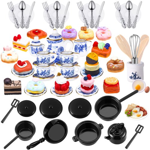 62 Pcs 1 to 12 Miniature Dollhouse Kitchen Accessories Miniature Tea Cup Pots Resin Cake Set Include 16 Mini Plates Knife Fork Spoon 6 Egg Beater Utensil 10 Mini Stovetop Cookware 15 Pretend Cake Food