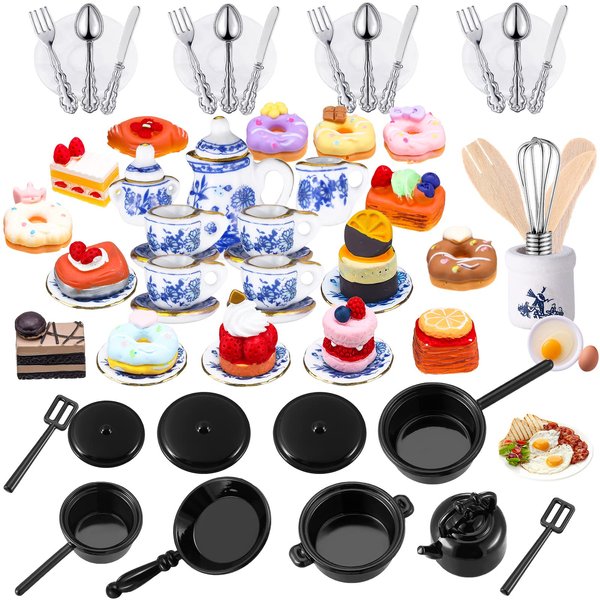 62 Pcs 1 to 12 Miniature Dollhouse Kitchen Accessories Miniature Tea Cup Pots Resin Cake Set Include 16 Mini Plates Knife Fork Spoon 6 Egg Beater Utensil 10 Mini Stovetop Cookware 15 Pretend Cake Food