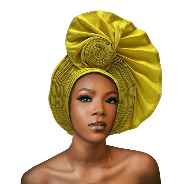 QliHut Nigerian Headtie African Head Wraps Aso Oke Gele Already Made Handmade African Turban Cap For Party (Yellow)