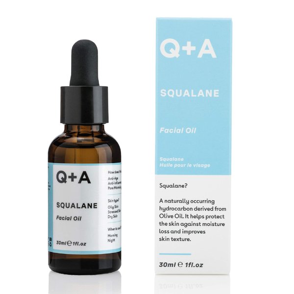 Q+A Squalane Facial Oil. A super hydrating, vegan facial oil derived from olive oil. 30ml/1fl.oz