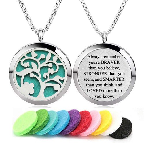 Aromatherapy Essential Oil Diffuser Necklace 316L Stainless Steel Locket Pendant with 24 Inch Chain(Tree of Life)