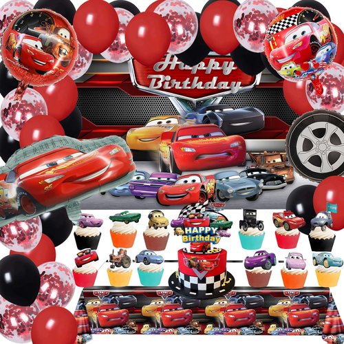 75pc red car theme party decoration happy birthday backdrop theme balloons cake topper cupcake topper 4pc Foil Balloons birthday party supplies