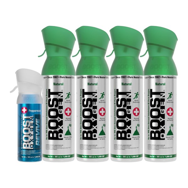 Boost Oxygen 4 Piece 5 Liter Natural Flavor and 3 Liter Peppermint Canned Oxygen Bottle Boost Cans with Easy to Use Mouthpiece (5 Pack)