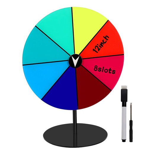 RGQSUN 12Inch Spinning Prize Wheel with Stand and Dry Erase Marker,8Slots Roulette Spinner for Games,Engaging Home Parties,Trade Show,Carnival Events