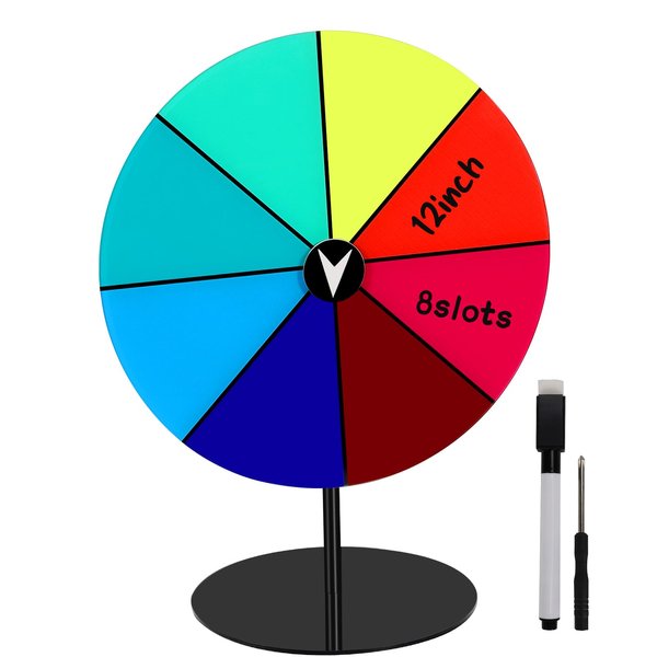 RGQSUN 12Inch Spinning Prize Wheel with Stand and Dry Erase Marker,8Slots Roulette Spinner for Games,Engaging Home Parties,Trade Show,Carnival Events