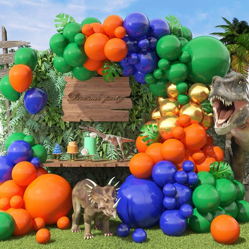 Dinosaur Balloons Arch Kit, Royal Blue Green Orange Balloons Garland Kit with Metallic Gold Latex Balloons for Dinosaur Themed Party Decorations Jungle Safari Birthday Party Supplies Kids Boys