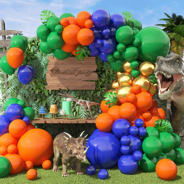 Dinosaur Balloons Arch Kit, Royal Blue Green Orange Balloons Garland Kit with Metallic Gold Latex Balloons for Dinosaur Themed Party Decorations Jungle Safari Birthday Party Supplies Kids Boys