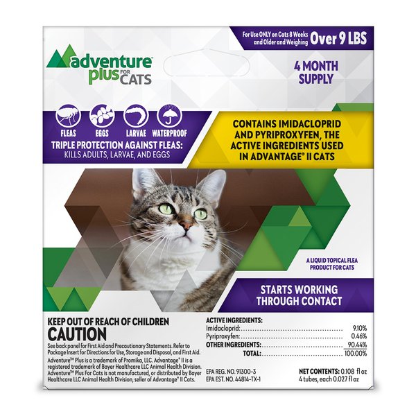 Adventure Plus Triple Flea Protection for Cats – Spot on Flea & Tick Prevention for Cats 9lbs & over – 4 Doses