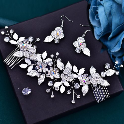 ULAPAN Rhinestone Bridal Headpiece with Combs for Wedding Headbands Bride Flowergirl Women Crystal Silver (Silver comb and earrings)