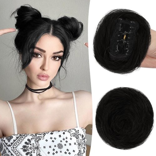 RUWISS 2 Pcs Mini Claw Clip Human Hair Bun Hair pieces Hair Space Buns Clip in Messy Cat Ears Hai...