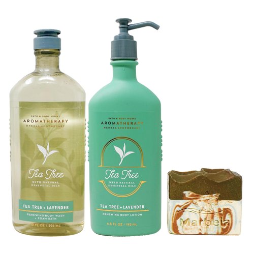Bath & Body Works Tea Tree + Lavender - Duo Gift Set - Body Wash and Body Lotion with a Cabin Spice Soap.