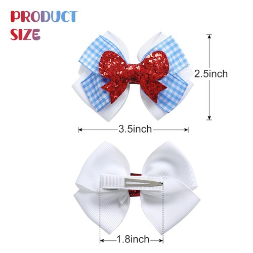 2PC Blue White Gingham Hair Bow Clips 3.5 Inch Checker Pigtail Bows Wizard Halloween Costume Accessories for Dorothy
