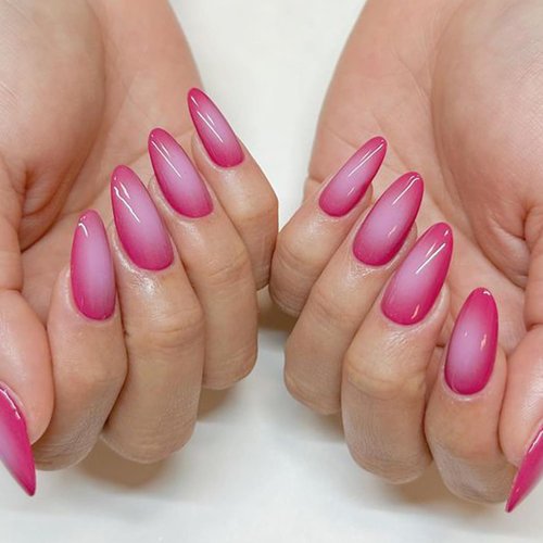 GLAMERMAID Hot Pink Ombre Press on Nails Medium Almond, Aurora Fake Crush Nails Short Oval, Glossy Gel Glue on Nails Stick on Blush Nail Set, Glitter Reusable Acrylic Stiletto False Nail Kit for Women