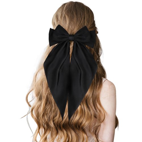 3Pcs Silky Satin Hair Bows Clips for Women White Hair Bow Black Hair Bow Brown Hair Bow Hair Ribbons Oversized Long Tail Hair Barrettes Metal Clips for Girls Teens Hair Accessories