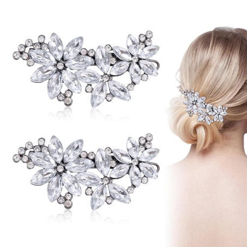 2pcs Crystal Flower Bridal Hair Clips, Rhinestone Hair Barrettes for Women Elegant Bridal Hairpins Silver Hair Accessories for Brides Bridesmaids Wedding Party