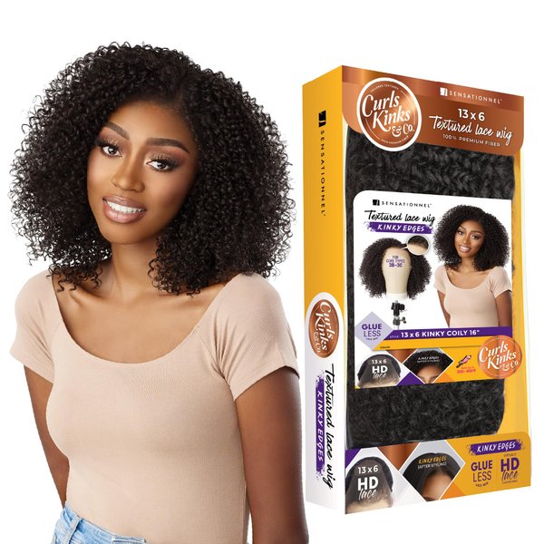 Sensationnel Kinky Edge 13x6 Lace Wigs - Kinky Edge Coily 16-inch glueless synthetic wig - CKCO Kinky Edge Coily 16 Inch (1 JETBLACK)