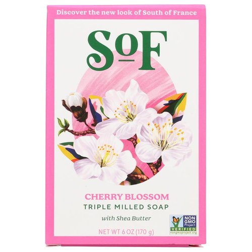 SoF Cherry Blossom Bar Soap (formerly South of France) | Triple-Milled French Soap with Organic Shea Butter + Essential Oils | Vegan, Non-GMO Body Soap | 6 oz Bar – 4 Pack