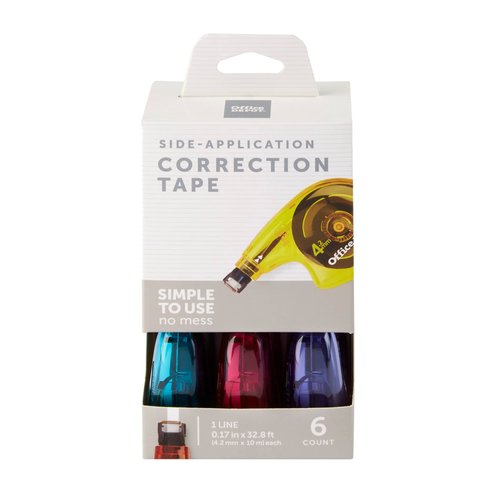Office Depot Side-Application Correction Tape, 1 Line x 394in., Assorted Colors, Pack of 6, 10847