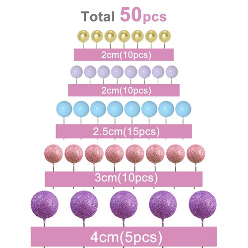 ASTARON 50 Pcs Ball Cake Topper Sticks Mini Balloons for Cake Decorating Supplies Foam Balls Cake decorations for Party Cake Birthday Cake Toppers Decorations (Pink，Purple，Blue)