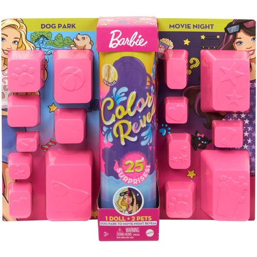 Barbie® Color Reveal™ Doll Set with 25 Surprises Including 2 Pets & Day-to-Night Transformation: 15 Mystery Bags Contain Doll Clothes & Accessories for 2 Looks; Water Reveals Look of Metallic Doll