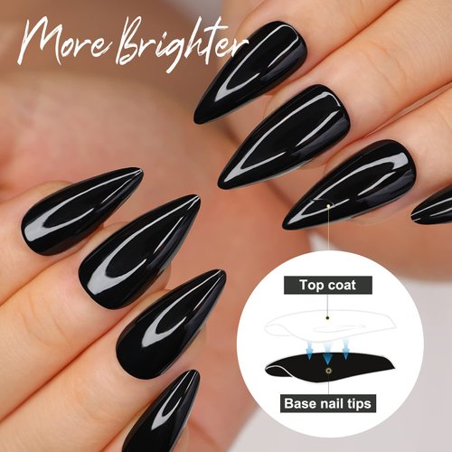 morily 24Pcs Black Press on Nails Stiletto Fake Nails Medium Length Almond False Nails Tips Long Acrylic Glossy Stick on Nail Solid Color Full Cover Fingernails Manicure for Women and Girls (Black)