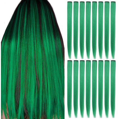 SHKJCHP 16 Pcs Straight One Color Party Highlights Clip on in Hair Extensions Colored Hair Streak Synthetic Hairpieces (Green)