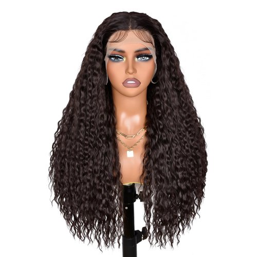 ANNISOUL Dark Brown Long Curly Lace Front Wigs for Black Women Deep Wave Lace Front Wig 13x4 HD Transparent Glueless Synthetic Hair Pre Plucked with Baby Hair Natural Hairline