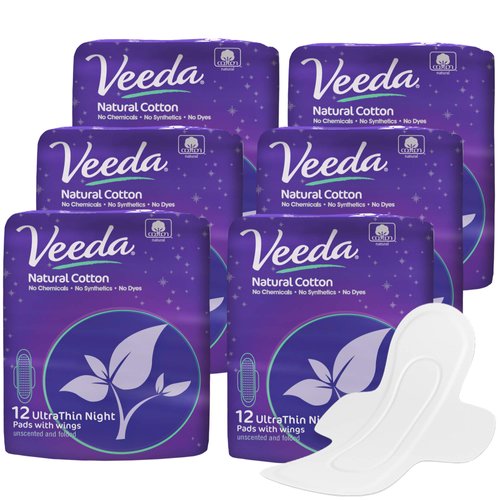 Veeda Ultra-Thin Absorbent Overnight Pads with 100% Natural Cotton Top Sheet are Always Chlorine and Fragrance Free, Hypoallergenic, Natural Cotton Sanitary Napkins, 6 Packs of 12 Count Each