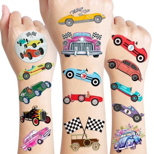119 PCS Classic Vintage Race Car Temporary Tattoos Sticker Race Car Themed Birthday Party Decorations Supplies Favors Gifts Boys Girls Men Women Retro Cute Fake Tattoo School Prizes Carnival