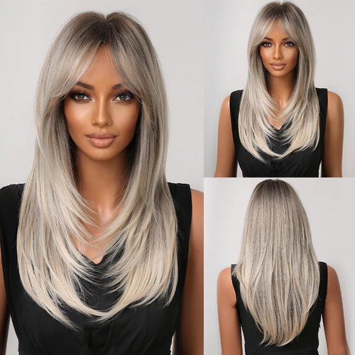 testar Ombre Gray Wigs With Curtain Bangs Long Straight Wigs for Black Women With Dark Roots Synthetic Layered Hair Wigs for Daily Use Natural Looking 24IN