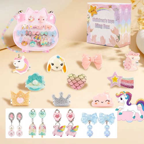 Kids Jewelry for Girls, Adjustable Clip on Earrings for Girls and Kids Rings for Girls in Camera Shaped Box, Toddler Jewelry Toys for Little Girl Princess Dress Up Christmas Birthday Gift, Party Favor