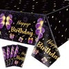 QUERICKY 4 Pack Black and Purple Happy Birthday Tablecloths, 51x87'' Plastic Disposable Rectangle Purple Gold Birthday Party Table Covers for Women Girls Birthday Party Decorations Supplies
