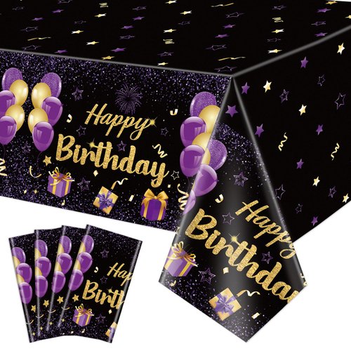 QUERICKY 4 Pack Black and Purple Happy Birthday Tablecloths, 51x87'' Plastic Disposable Rectangle Purple Gold Birthday Party Table Covers for Women Girls Birthday Party Decorations Supplies