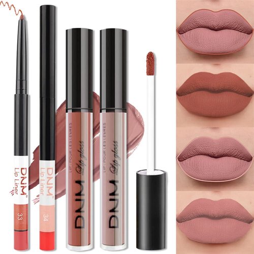 BINGBRUSH 2 Colors Liquid Matte Lipstick and Lipliner Set, Nude Lip Tint 24 Hour Waterproof Velvet Nonstick Cup Lipgloss Lip Stain Pigmented Lip Makeup Gift Sets for Girls and Women Labiales33&34