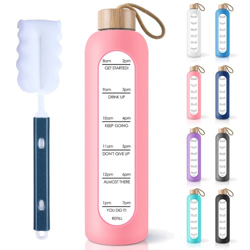 PROBTTL 32 Oz Borosilicate Glass Water Bottle with Time Marker Reminder Quotes, 1 Liter Leak Proof Reusable BPA Free Motivational Water Bottles with Silicone Sleeve and Bamboo Lid