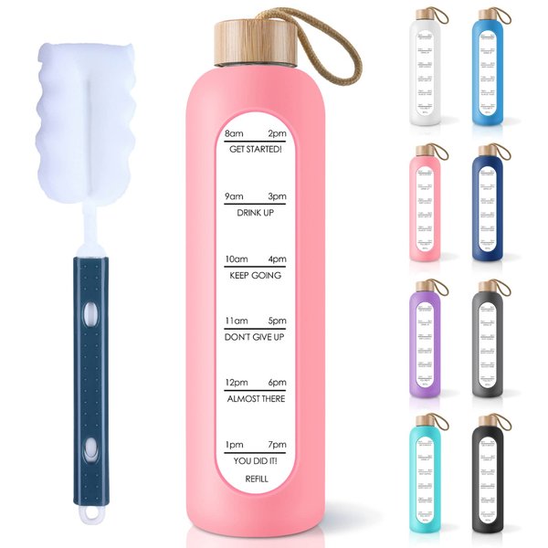PROBTTL 32 Oz Borosilicate Glass Water Bottle with Time Marker Reminder Quotes, 1 Liter Leak Proof Reusable BPA Free Motivational Water Bottles with Silicone Sleeve and Bamboo Lid