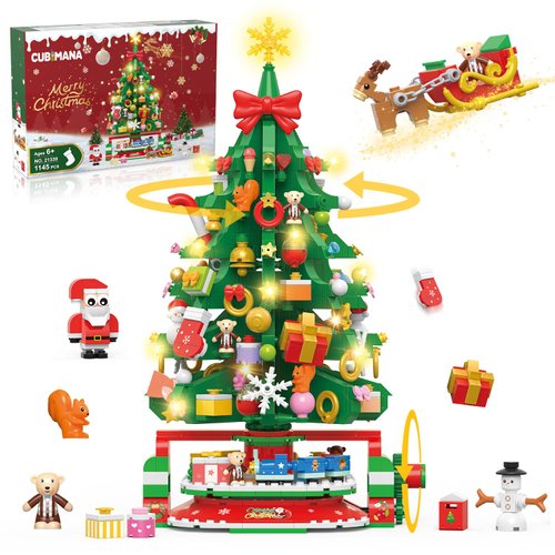 CUBIMANA Rotating Christmas Tree Mini Building Set with LED Light - 1145PCS Christmas Building Blocks with Santa Snowman Rotatable Train Xmas Tree Home Decor 2024 for Adults Kids 10+