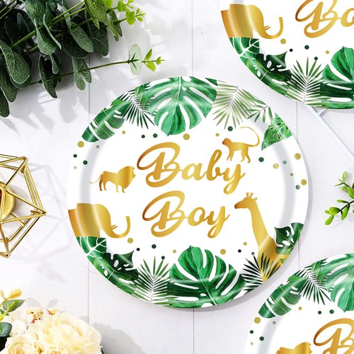 HSPAIDYP 24 Pcs Baby Shower Plates,Safari Animal Jungle Baby Boy Party Supplies,7" Gold Foil Safari Jungle Animals Paper Plates,for Jungle Theme Baby Boy Birthday Party Decorations