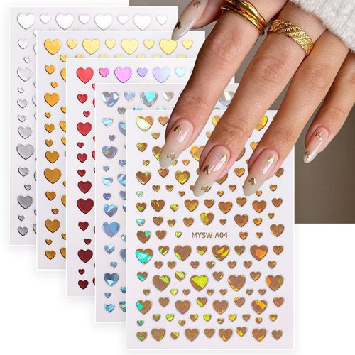 Heart Nail Stickers Valentines Day Nail Art Decal 3D Self-Adhesive Red White Black Sliver Metal L...