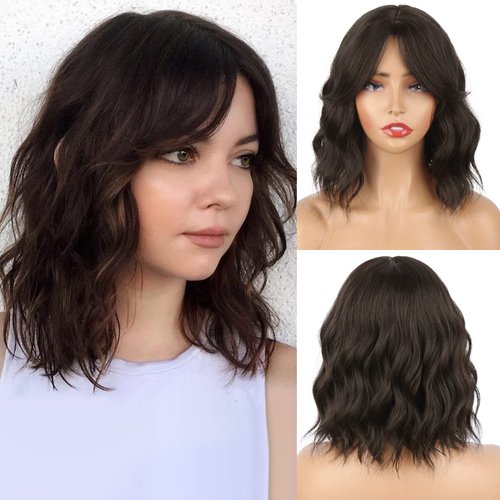 Dark Brown Wavy Bob Wig Natural Brown Curly Bob Wig with Curtain Bangs for Black Women,Synthetic Short Brown Curly Bob Wigs with Bangs Bob Curly Wavy Wig Shoulder Length Wig for Daily Use 4#