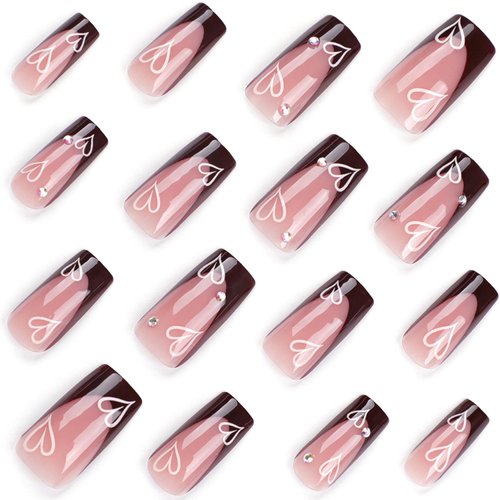 24Pcs CEWEWP Long Coffin Press on Nails Brown French Tip Fake Nails Pink Glue on Nails Love False Nails with Spot Drilling Designs Full Cover Artificial Acrylic Nails Decoration for Women