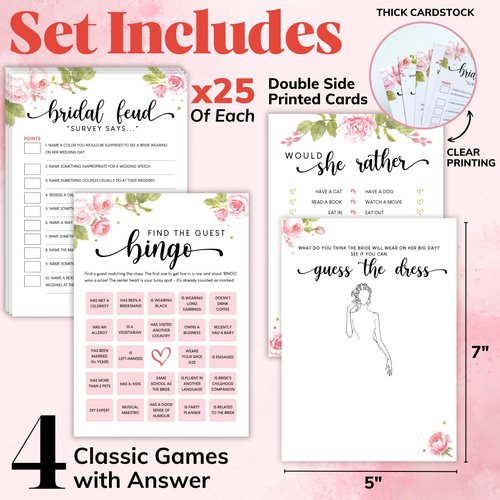 STOFINITY Hilarious Bridal Shower Games 25 Guests - Set of 4 Wedding Shower Games for Reception, Fun Guess The Dress Bridal Shower Bingo Game, Bridal Party Games for Bridal Shower Decorations (5"x7")