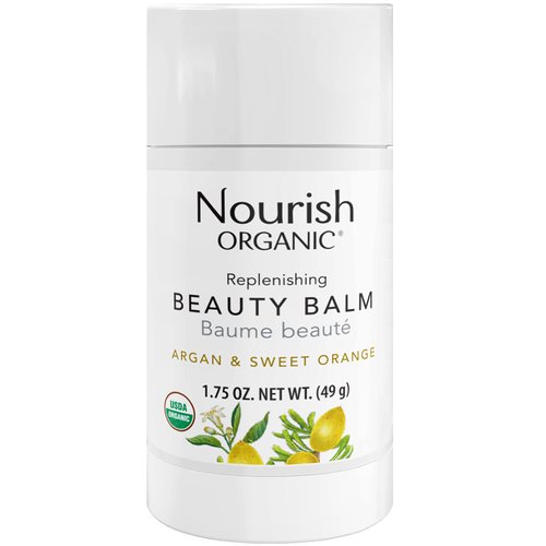 Nourish Organic Beauty Balm, Argan & Sweet Orange – Face, Lip, Hand & Body Moisturizer with Organic Coconut Oil, Shea, Cocoa Butter, 1.75 Oz + Washable Cotton Round